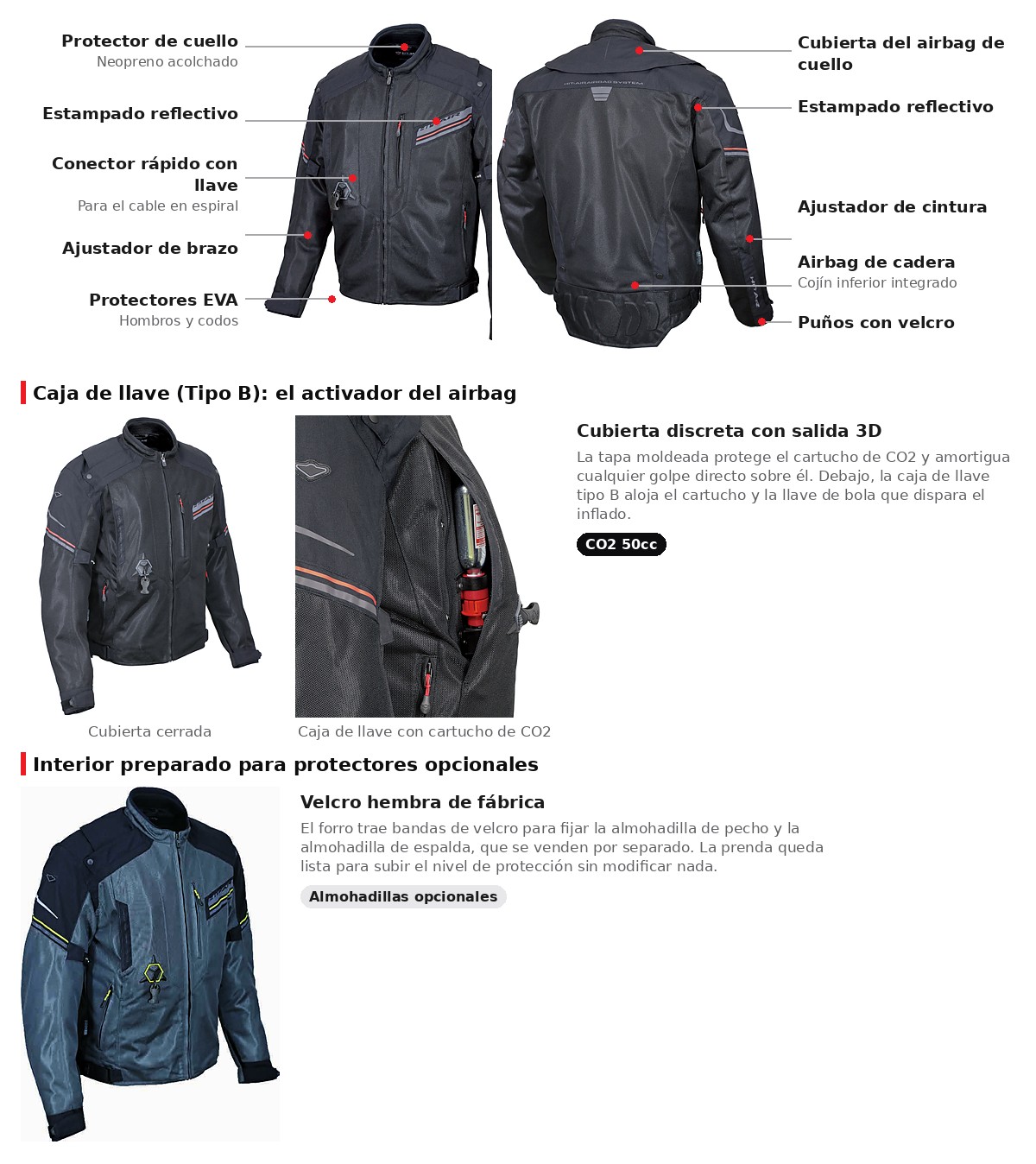 Todas las partes: protector de cuello, malla de aire, estampado reflectivo, cubierta de la caja de llave, ajustador de brazo, almohadilla EVA, airbag de cadera, ajuste de puños y velcros para las almohadillas opcionales de pecho y espalda.