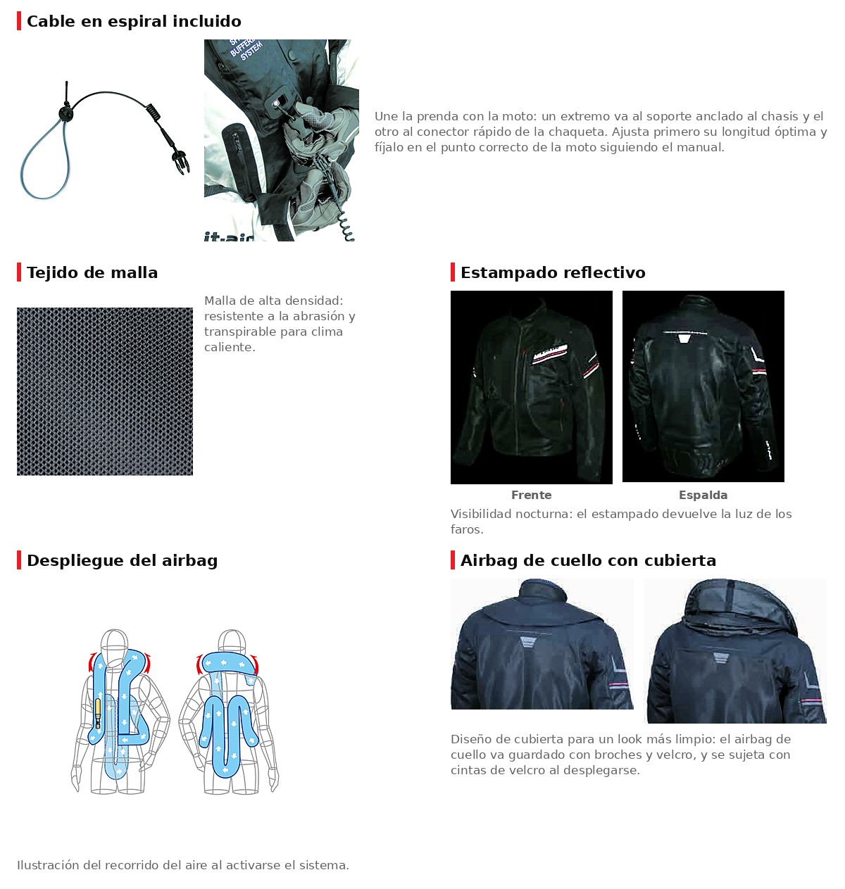Cómo funciona el cable en espiral que activa el airbag, la tela de malla densa y transpirable, el estampado reflectivo para visibilidad nocturna, y el detalle de la cubierta del airbag de cuello.