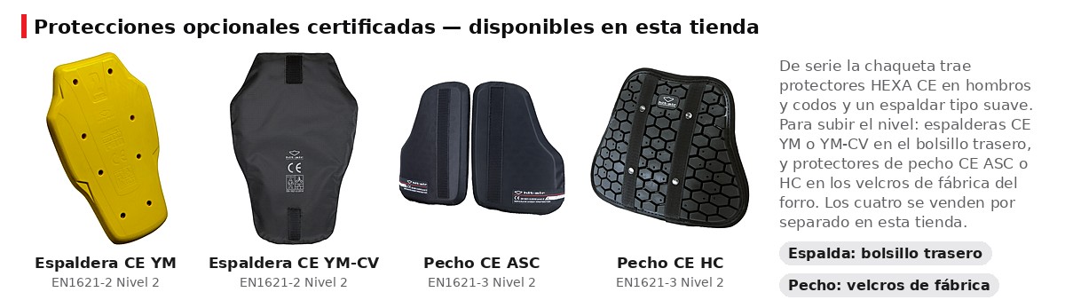 Hombreras y coderas CE (EN1621-1) tipo HEXA, en polipropileno y polietileno: livianas y con buena ventilación. Protector de espalda blando incluido de serie como equipo estándar.