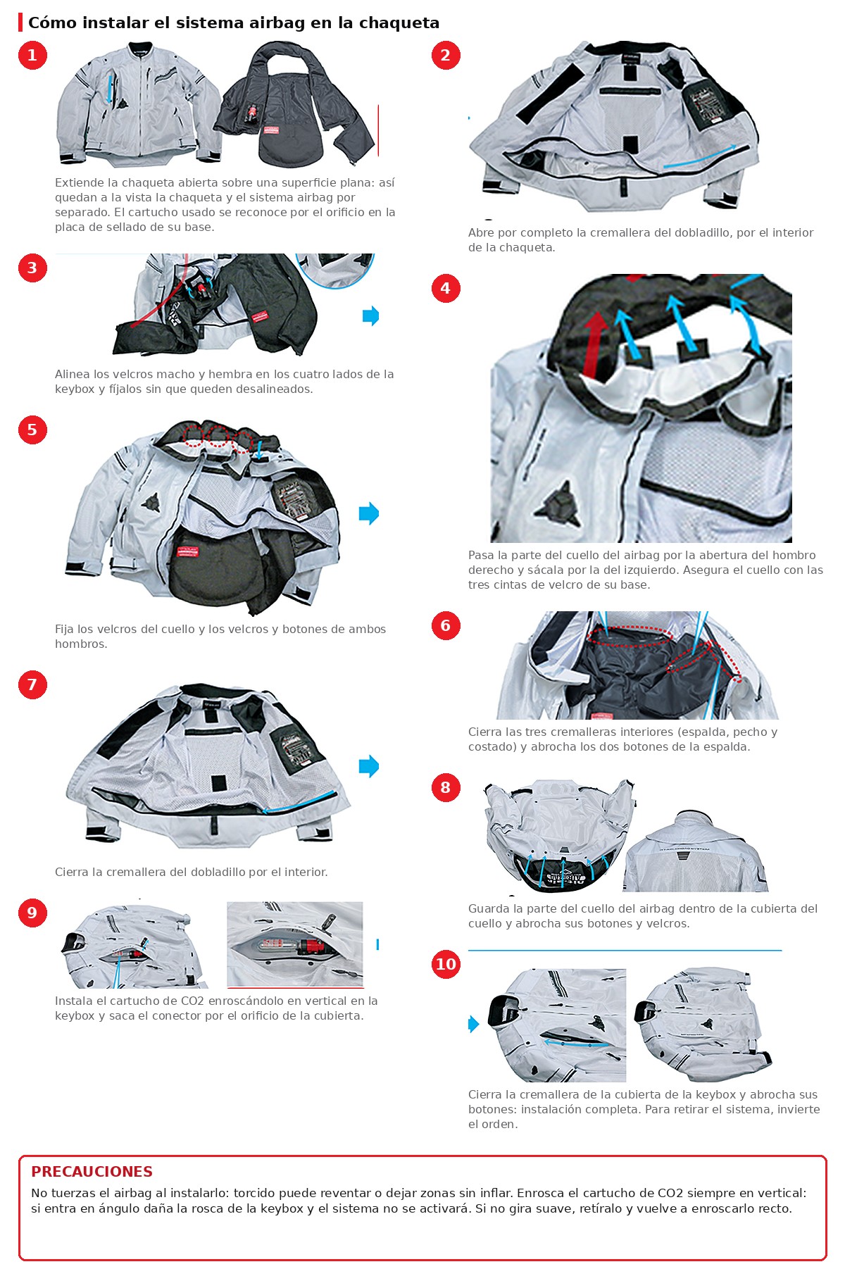 Guía oficial paso a paso para retirar e instalar el sistema airbag (por ejemplo, para lavar la chaqueta). Sigue las precauciones: el airbag no debe quedar torcido y el cartucho de CO2 se enrosca en vertical.